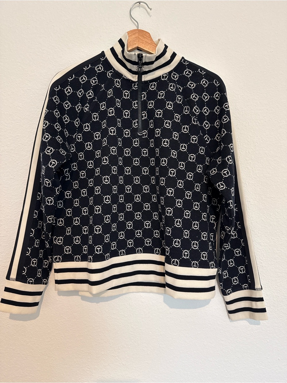 Talbots Black & Cream Zip-Front Logo Knit Pullover